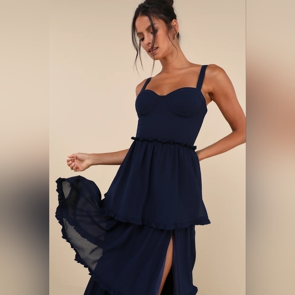 Lulus Sophisticated Occasion Navy Blue Bustier Lace-Up Maxi Dress Wedding - Picture 4 of 10